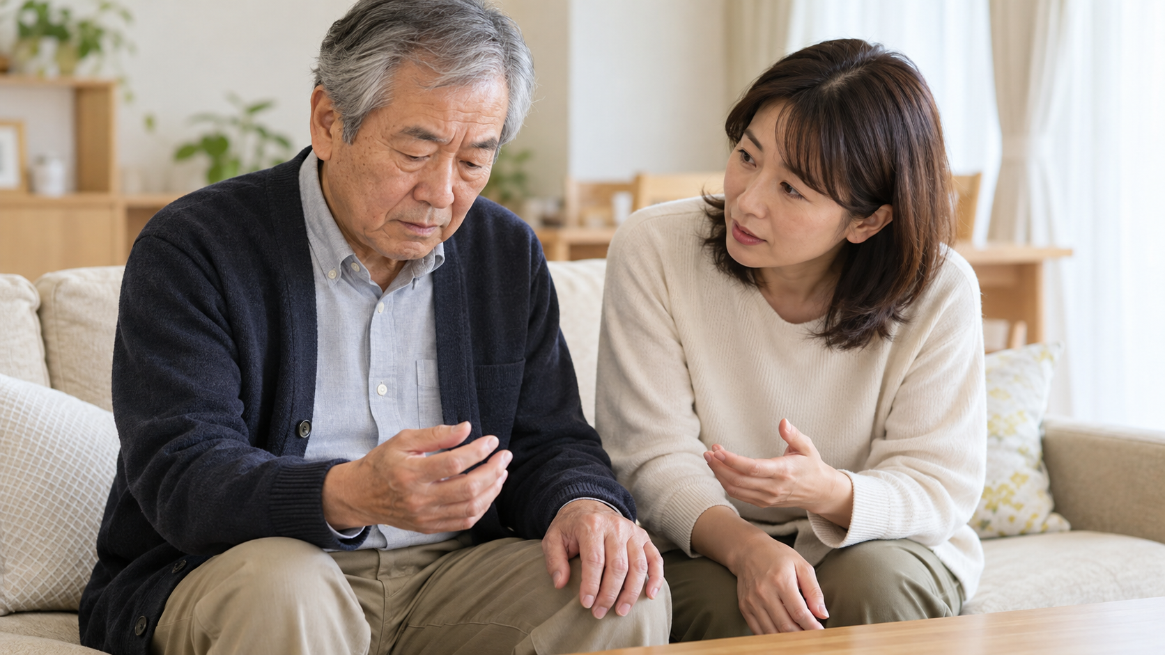 自分の手を見つめる父親に、娘が寄り添い話しかけている様子